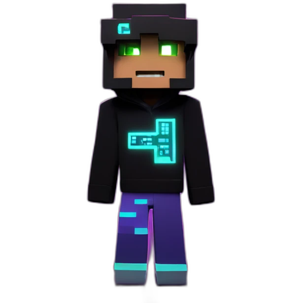 Minecraft hero wearing a black hoodie with "OMG" letters on it and VR headset in a cyberpunk VR environment with violet neon lighting. emoji