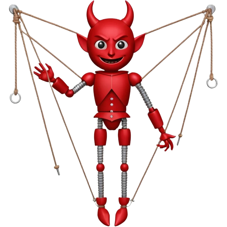3D render of Devil Puppet as a wooden marionette puppet, Red painted wood, strings, silver metal screw joints at elbows and knees, polished brown wood texture, rigid toy pose, emoji style, isolated on white background --v 6.0. emoji