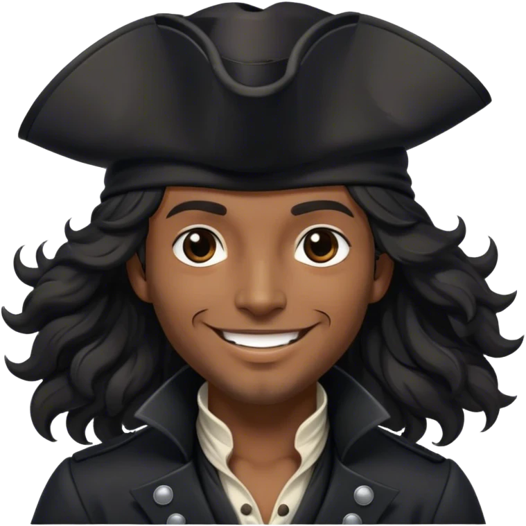 A charismatic pirate with wavy black hair, wearing a black tricorn hat and a sleek black coat with silver buttons, smiling confidently. emoji