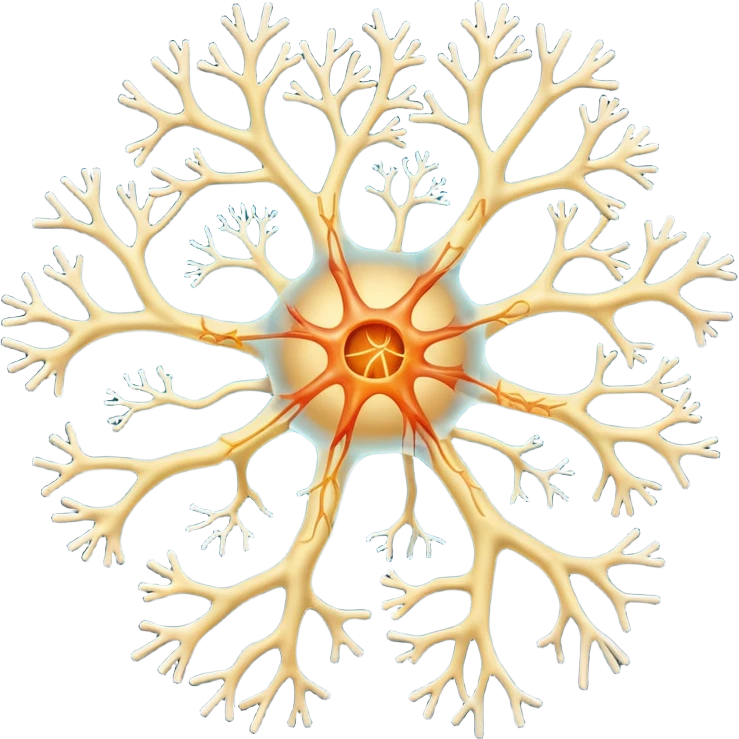 A scientificallu accurate nerve cell with the 3 main components, dendrites, axon and cell body. emoji