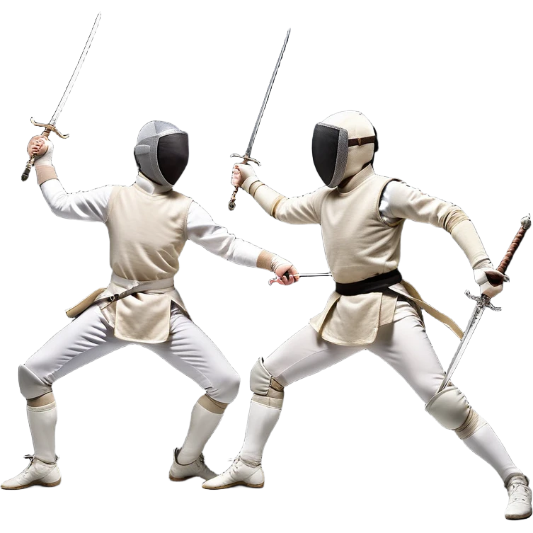 Round two fencers in dynamic poses, one attacking and the other defending with a sword. The swords cross in the center, representing skill, precision, and speed. The background includes subtle fencing gear elements, emphasizing the sport’s elegance and strategy.  emoji