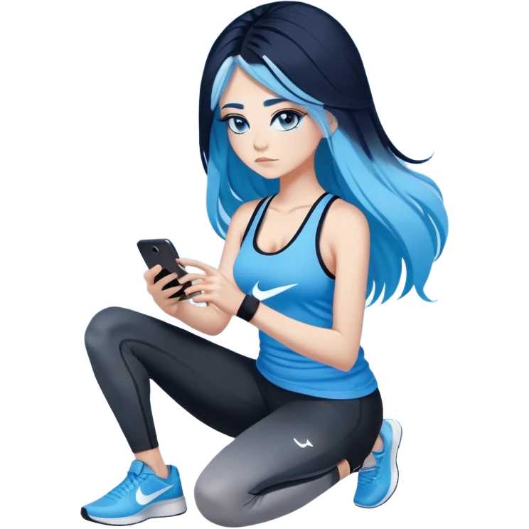 Heart broken, very very very very big chest-texting on a samsung cell phone-very long straight flowing black to sky blue hair ombre-blue eyes-black eyeliner-long eyelashes-sky blue very low cut tank top with sparkling nike logo-black leggings-nike sneakers emoji