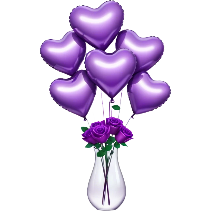 "A cluster of metallic heart-shaped balloons in varying shades of purple, floating beside a sleek glass vase filled with matching roses."
 emoji