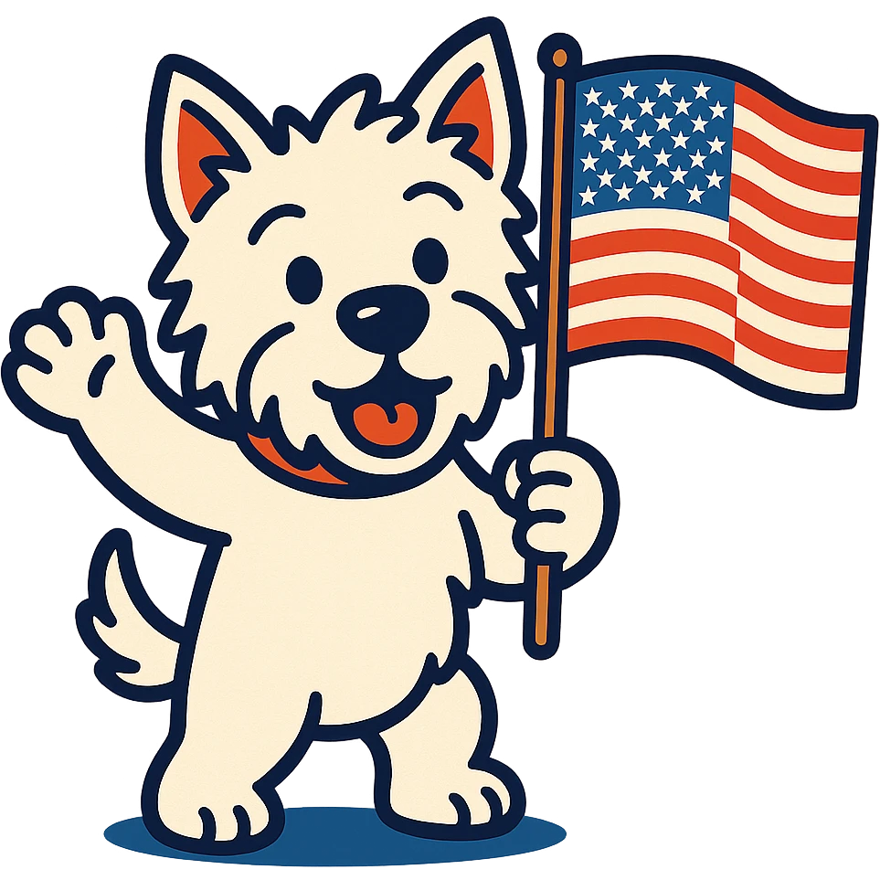 Westie dog waving a US flag, vibrant cartoon style, not photorealistic emoji