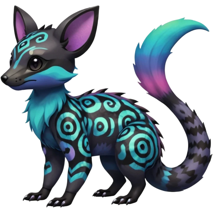 Rare exotic cute epic aesthetic gothic colorful Salandit-Eevee-Civet-species-Fakemon-hybrid-creature, with markings, full body emoji