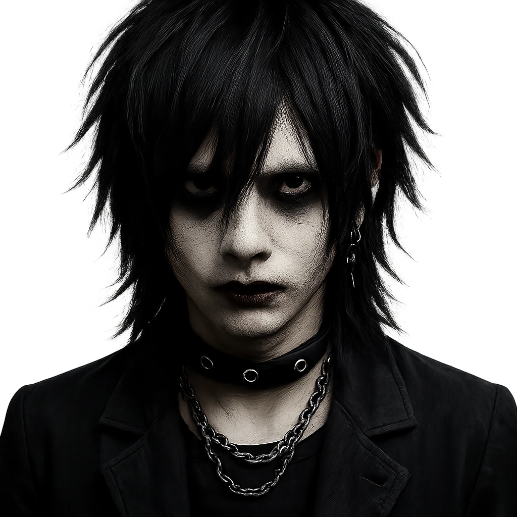Vkei style boy with medium long black hair, emo, shaggy hairstyle, dark, creepy expression emoji
