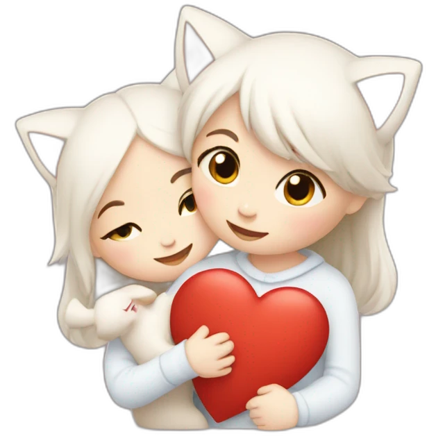 Girl and boy hugs two white cats hearts around emoji
