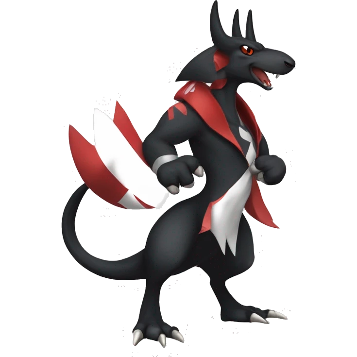 Black Cool Edgy Nargacuga-Houndoom-Garchomp Fakémon with Red and white Edgy markings, full body, outlined emoji