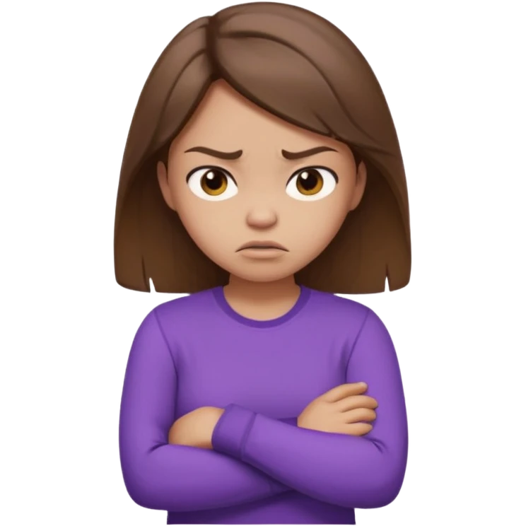 Girl with brown hair crossing arms in front of her chest and making an angry face with a purple longsleeve shirt on and be more pouty make her skin lighter emoji