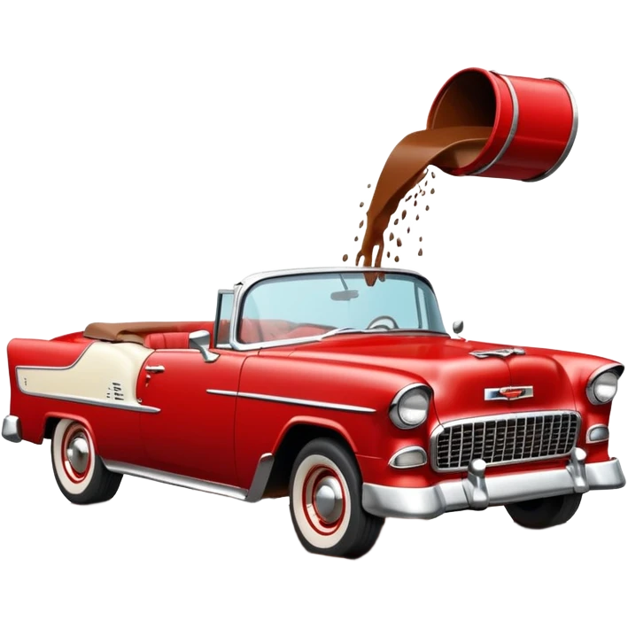 1955 Chevrolet Bel Air Convertible, Red-White color, with a bucket of brown mud pouring down on it, and the car itself is covered in brown mud on the sides that has stuck.32x32 pixels, aspect ratio: 1:1 emoji