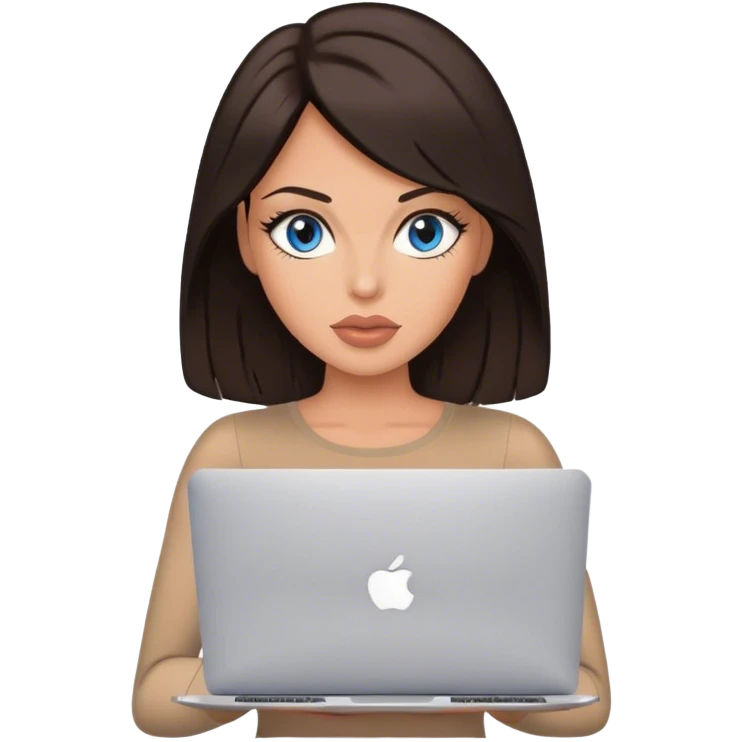Glamours tanned very beautiful girl with big pump peach lips and dark chocolate straight smooth long hair, blue-grey eyes in brown/beige bodysuit with MacBook emoji