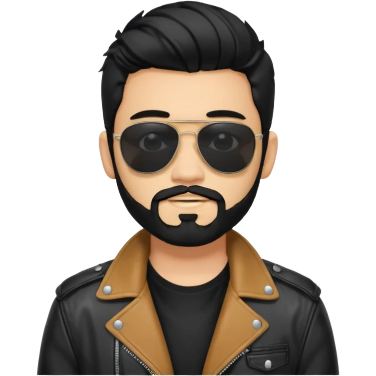 generate an ios genmoji of a 20 year old tan boy with black sunglasses, long black hair till his shoulders. Wearing a leather jacket. Has a dyed blonde beard emoji