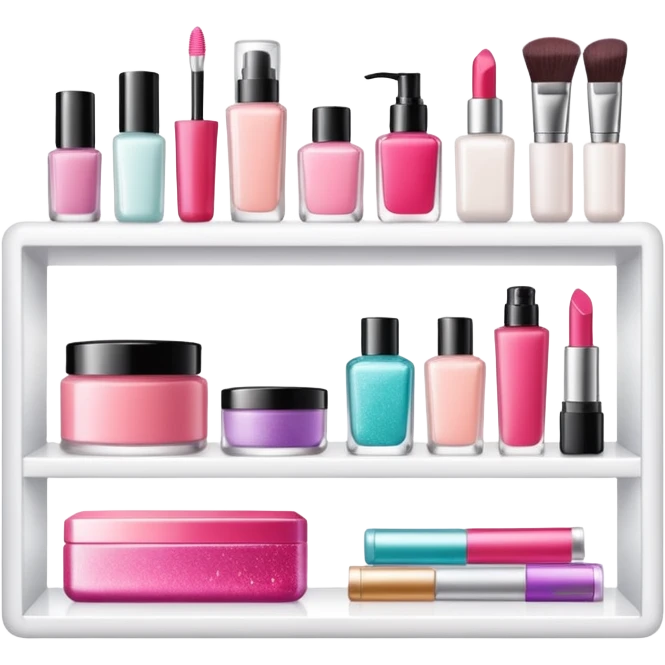 a white shelf with few beauty products and sparkles emoji