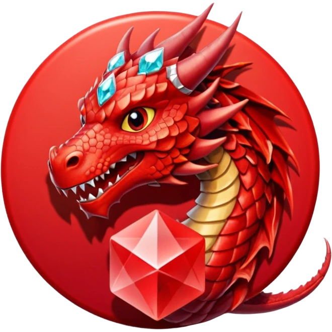 red dargon with the logo behind of a red cirlce with dimond shave with a cube red achritey emoji