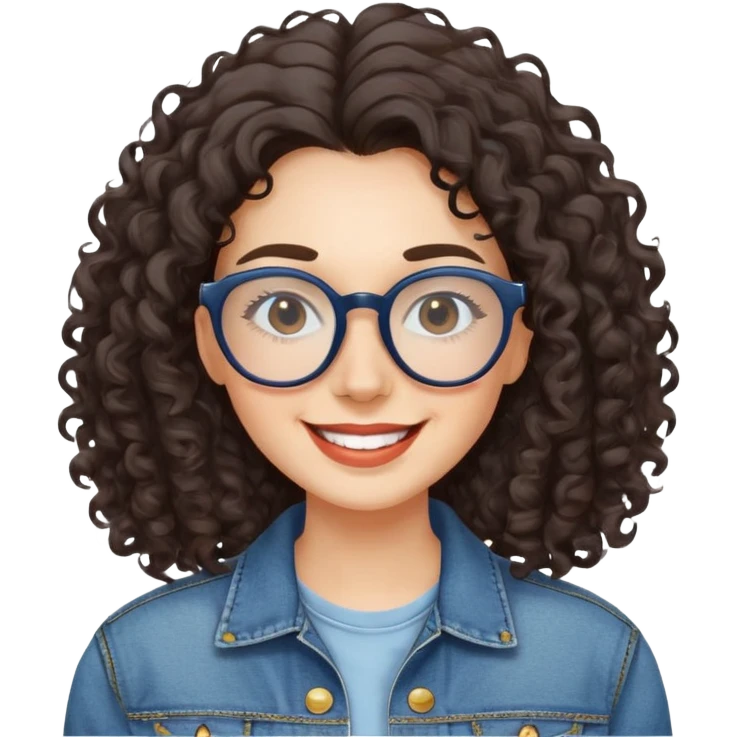 Mujer caucasian, cara redonda, gafas grandes rectangulares, cejas delgadas, pelo oscuro rizado largo. Sonrisa amplia, expresión feliz. Chaqueta de mahón. emoji
