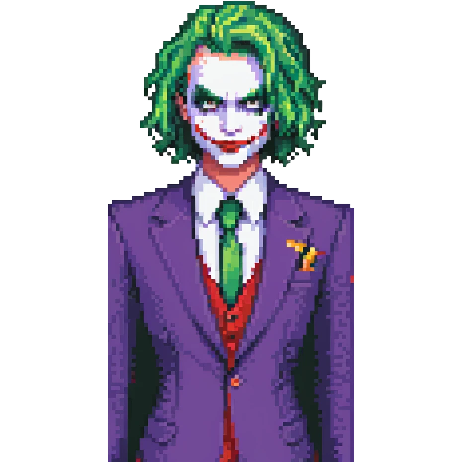 The Joker villain full body with green hair, purple suit, white face, red lips emoji