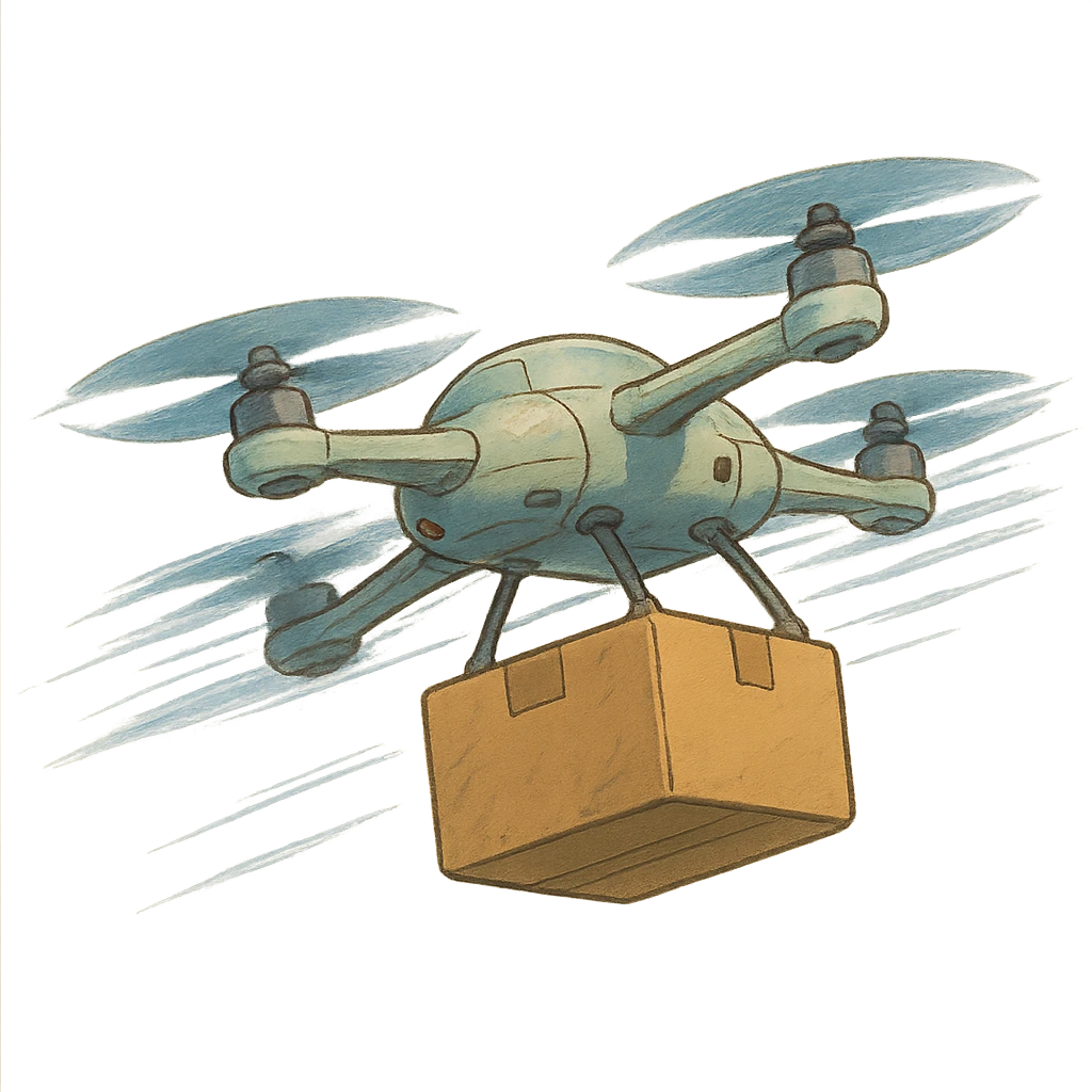 delivery drone zooming with a parcel, fastest delivery emoji