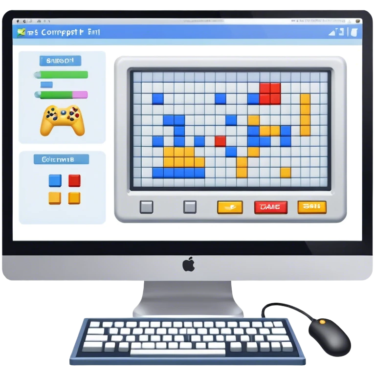 Professional icon for Game Design: computer screen with game interface, 3D models, pixel art, and design tools like grid, wireframe, and stylus. Symbolizes the technical and creative process of game development. Transparent background. emoji