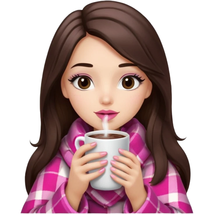 Pink lip, eyelashes, Black eyed brunette girl with long hair and light skin shoulders wrapped up in a pink plaid blanket drinking hot chocolate emoji