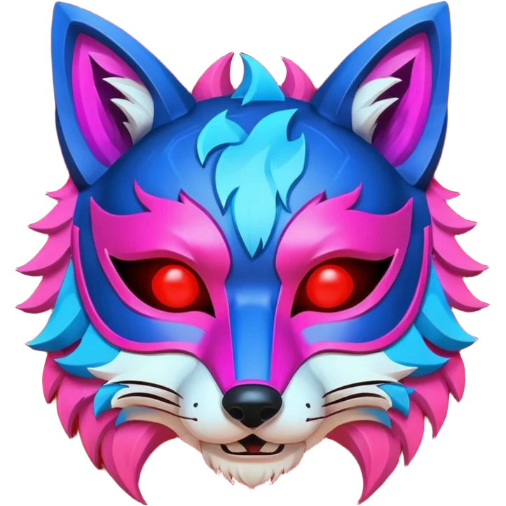 Ancient wooden mask, broken in half, luminous and neon with red, blue, and pink fox-like glow. Fragments of the mask scattered around. emoji
