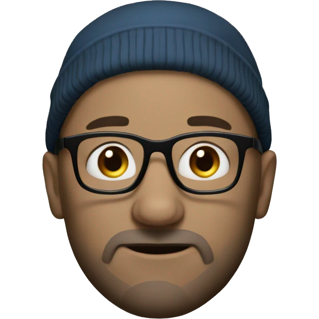 45 year old bald guy with blue eyes, black glasses and a beanie emoji