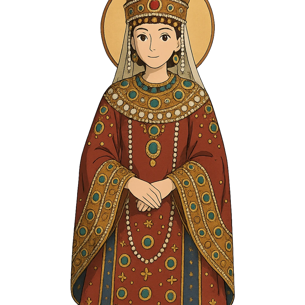 Empress Theodora in ornate Byzantine robes and crown emoji