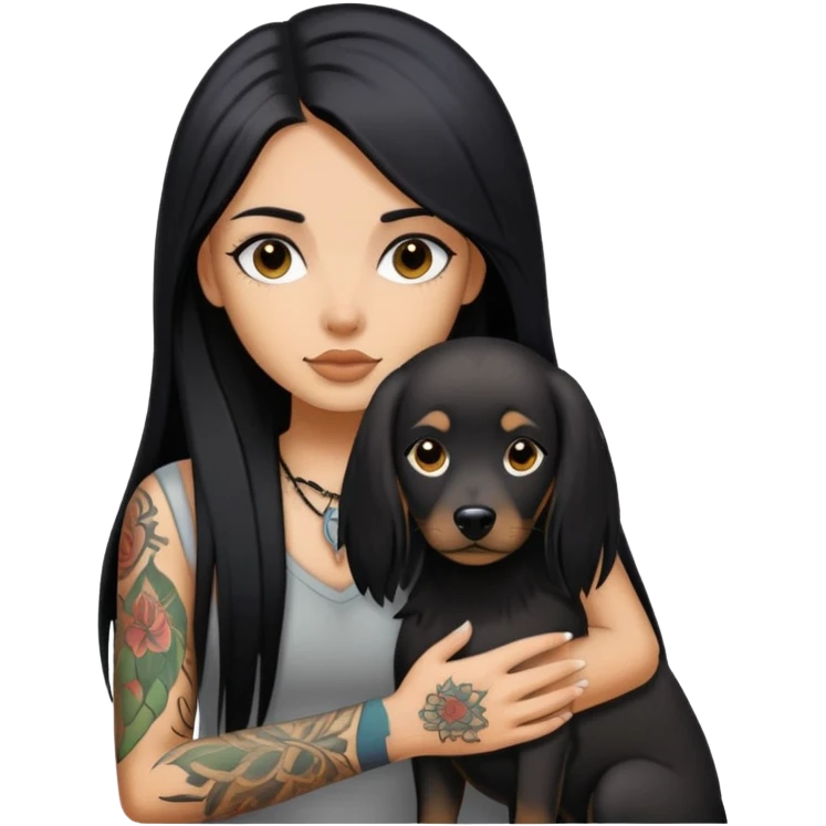 girl with long black straight hair and tattoos and Black long haired dog emoji