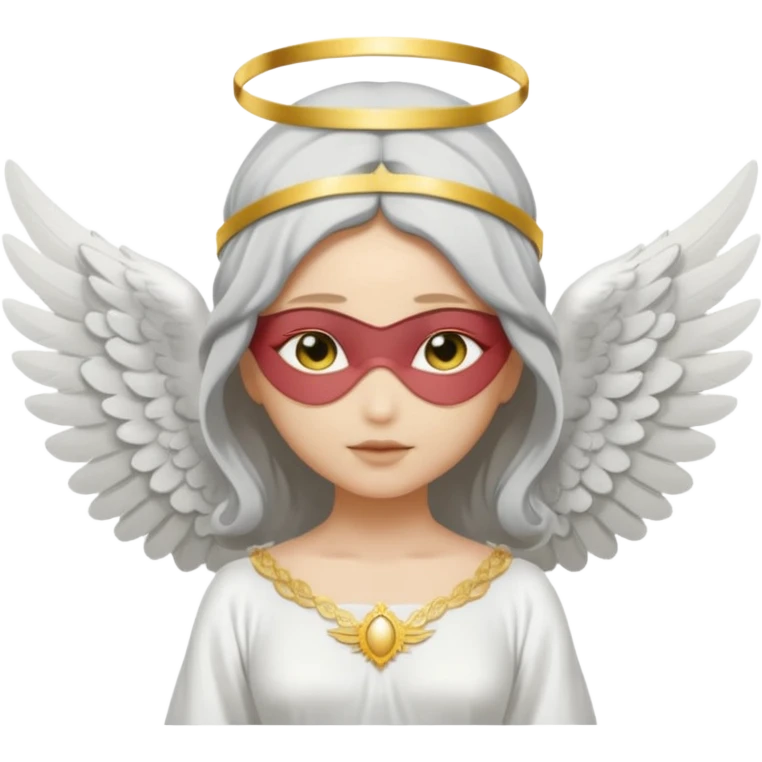 angel with gray skin, blindfolds, no eyes, with two white large wings, with a white and golden dress, with a golden halo emoji