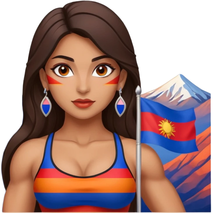 sexy and muscled, full body, brown skin Armenian caucasian girl, sexy Armenian girl, beautiful eyes, makeup, earrings, muscled, surrounded by mountains, Flag of Armenia - red, blue and orange stripes emoji