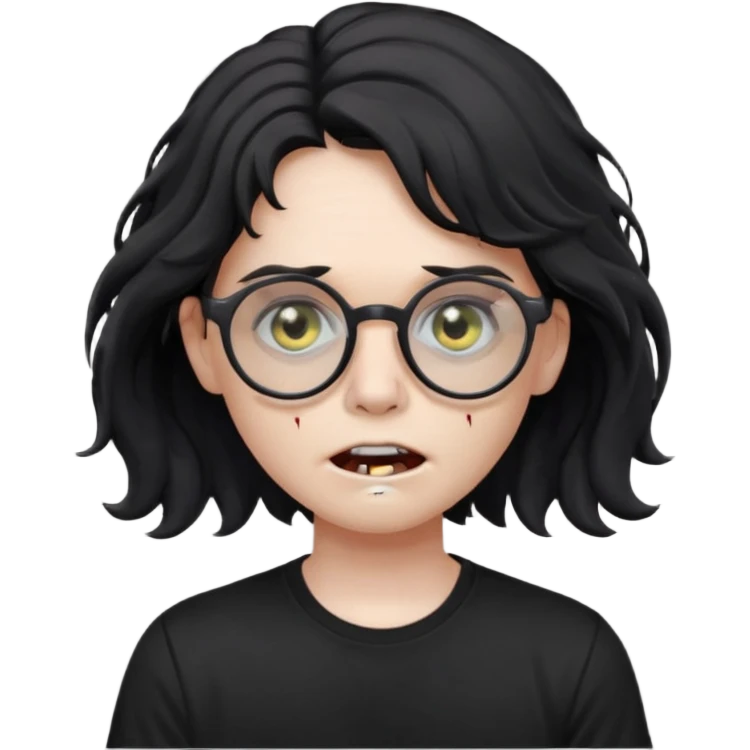 zumbie cabelo ondulado médio preto, camiseta preta, oculos redondo masculino emoji