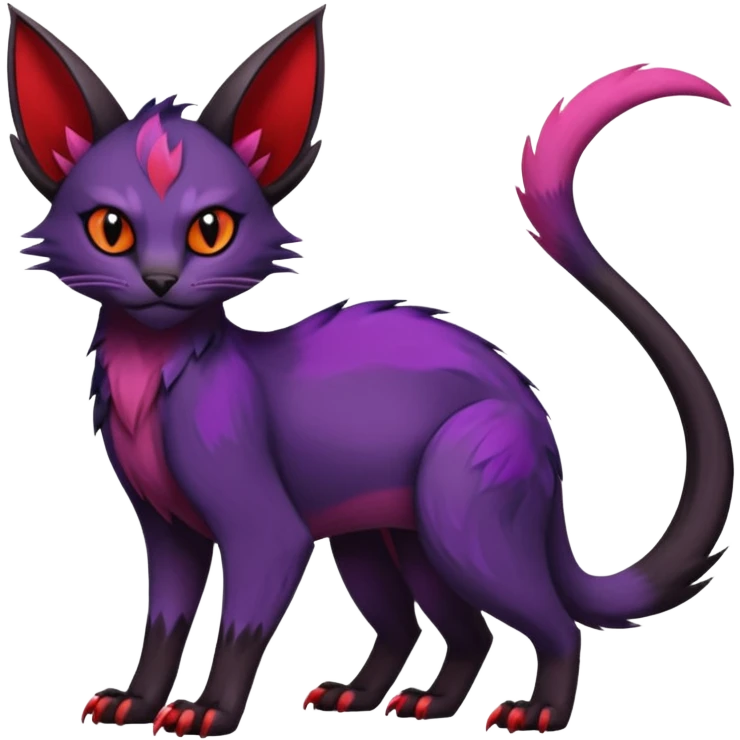 Black edgy Noivern-Noibat-Purloin-Torracat-Lykoi-Caracal-cat-Fakemon-fusion-hybrid-creature with violet and red scale markings emoji