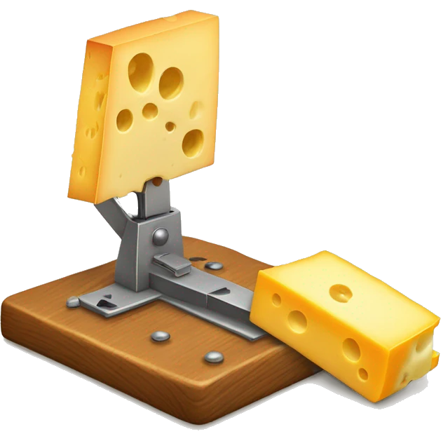 A mousetrap with a piece of cheese on it. The mousetrap should be classic wooden style, with the cheese placed on the trigger emoji