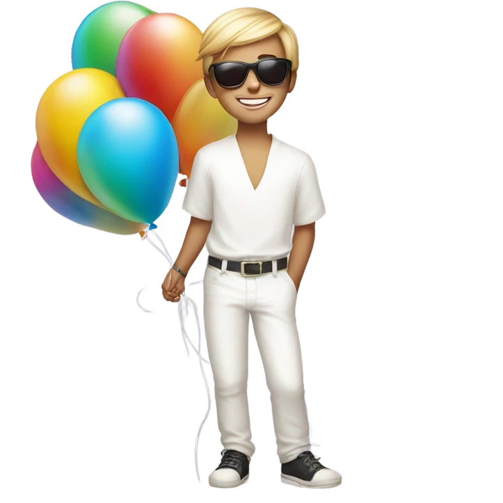 smiling boy in white with tinted sunglasses holding number balloons 25 emoji