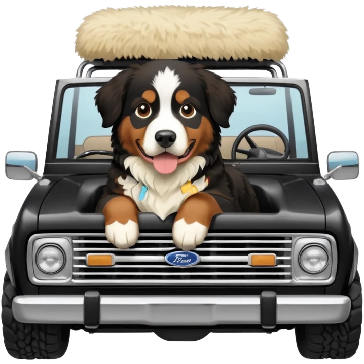 Bernese mountain dog in a cream colored ford bronco with no roof emoji