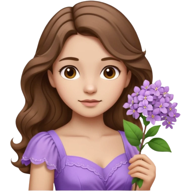 Menina parda/branca de cabelo ondulado castanho partido de lado com uma flor lilás e vestido lilás emoji