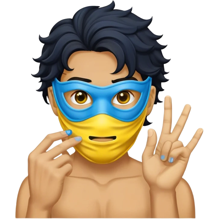 Guy with black wave hair with a yellow mask covering top half of face when ring yellow blue and black emoji