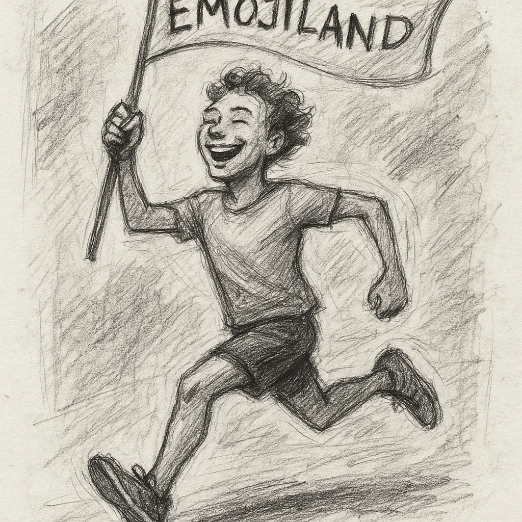 happy runner waving a flag that says 'emojiland’ emoji