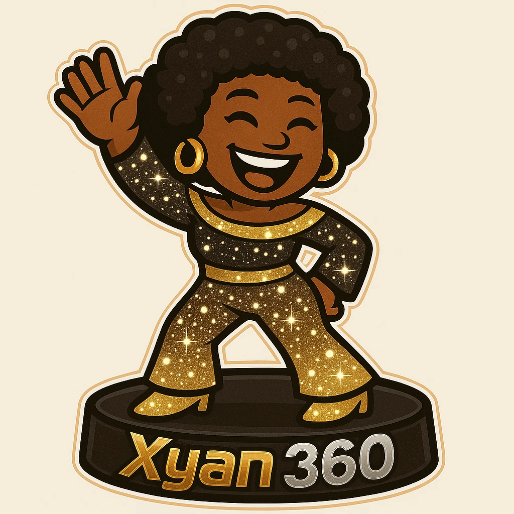 Place a sparkling 1970s disco female African American emoji on a 360 photo booth platform. Add the text 'Xyan 360' on the side of the booth in bold gold, silver, black, and white colors, matching the retro stickers style of the emoji. emoji