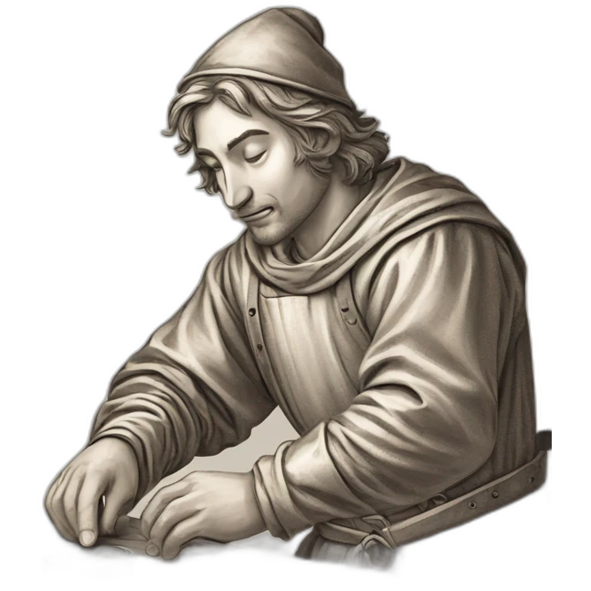 old and experience coin engraver apprentice yielding a coin, medieval age emoji