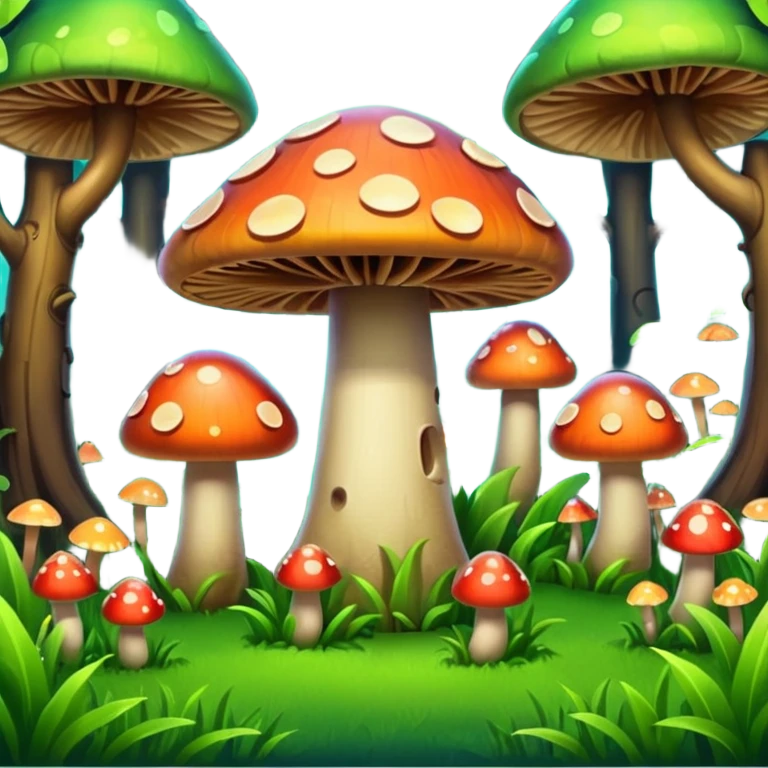 A stylized fantasy forest with glowing mushrooms and colorful tree emoji