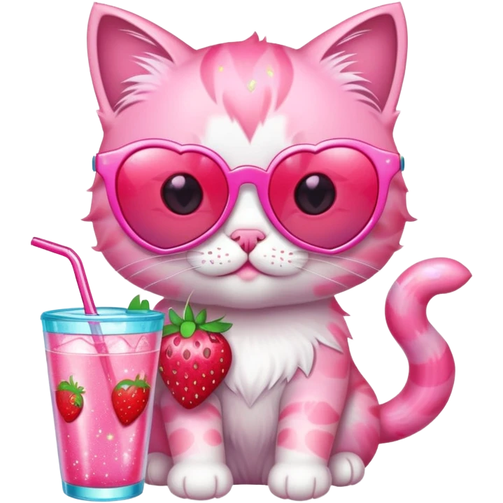 A bubblegum pink kitten with heart-shaped sunglasses, sipping a strawberry soda, surrounded by sparkles and summer vibes. emoji