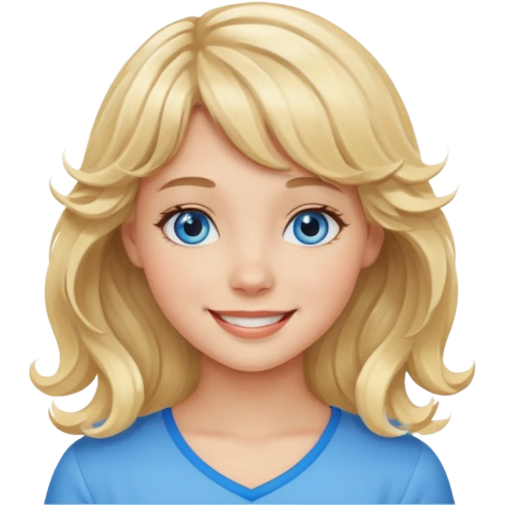 Please generate an image of a girl. She has blue eyes, blonde, wavy hair with bangs, and is smiling. emoji