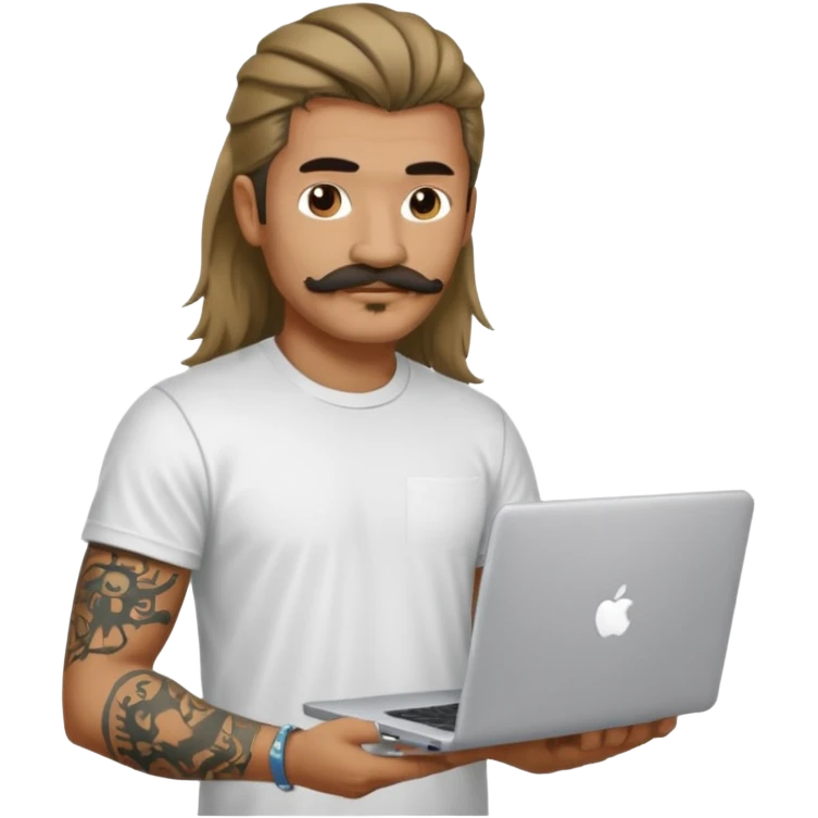 A DEVELOPER WITH A laptop, USING t-shirt, long hair,mullets style, mustache, tattoo, piercing emoji