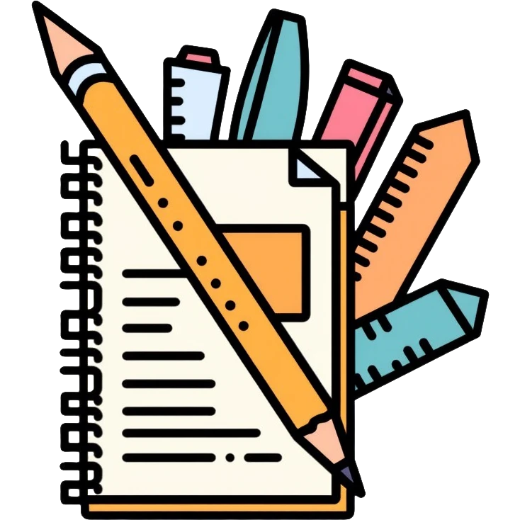 School office supplies with pencil, pen, notebook, ruler, scissors emoji