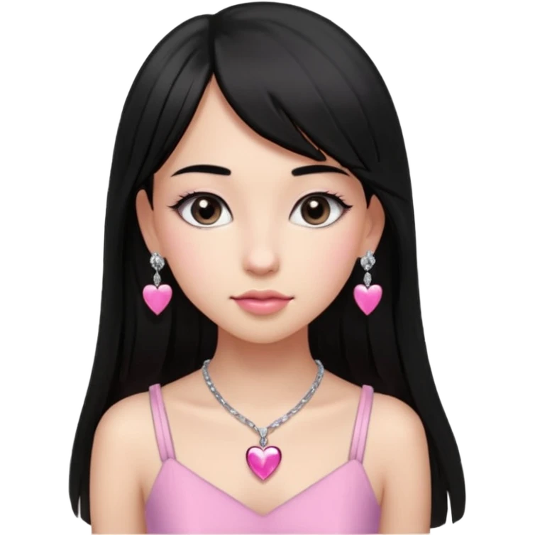 Cabelos pretos longos lisos ,com franja curvada .olhos pretos puxadinho para cima. Cílios longos curvados. Pele clara ,nariz pequeno ,lábios carnudos ,adolescente 16 anos ,vestido rosa de alça, colar de coração prata ,brinco de diamante emoji
