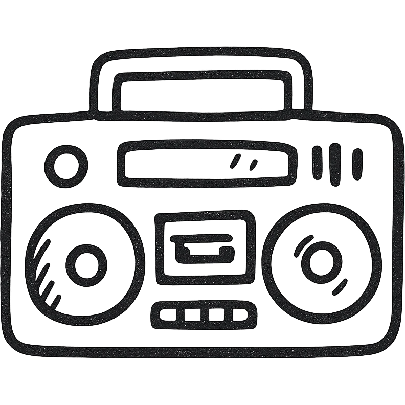 Boombox icon, hand drawn, black outlines, no fill, simple and clean, front view emoji