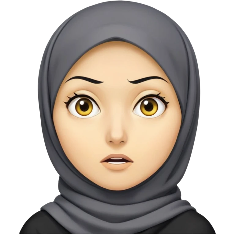 người phụ nữ 30 tuổi, da vàng, đội khăn hijab, tóc ngắn màu đen, mặt biểu cảm hoảng hốt, áo màu xám đậm emoji