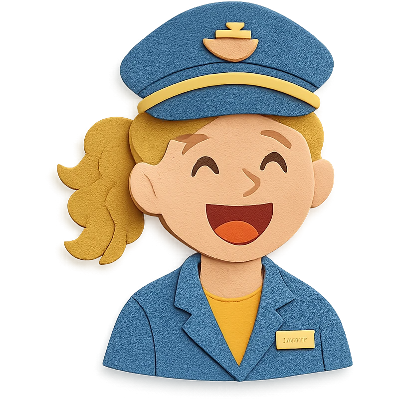 girl cruise director with curly dirty blonde hair in a ponytail, very happy emoji