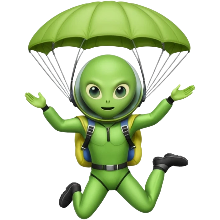 Skydiving alien with parachute and UFO emoji