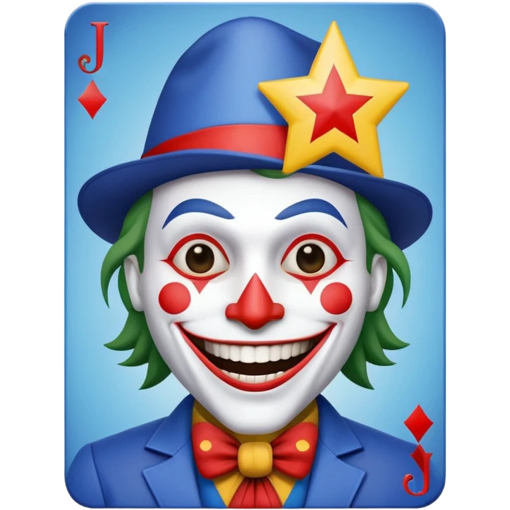 1 poker card, squared, with crazy colorful human jolly joker inside, star symbol with a "J" emoji